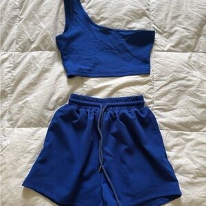 Blue One-Shoulder Top and Shorts Set